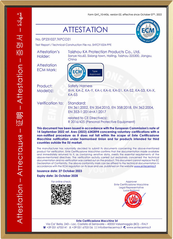 Certificado para arnês de segurança